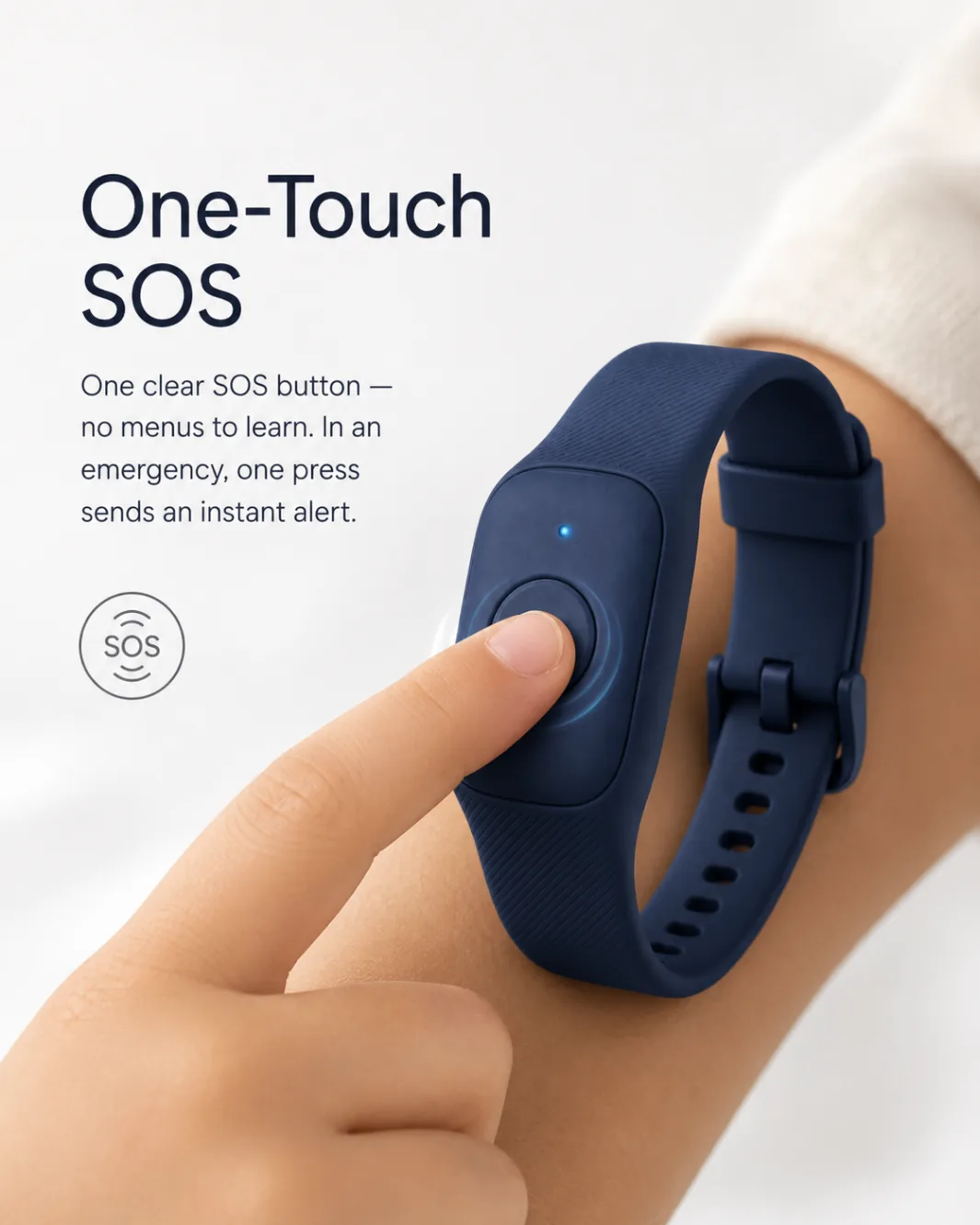 Hand holding the Mini Guard wristband, thumb near the SOS button