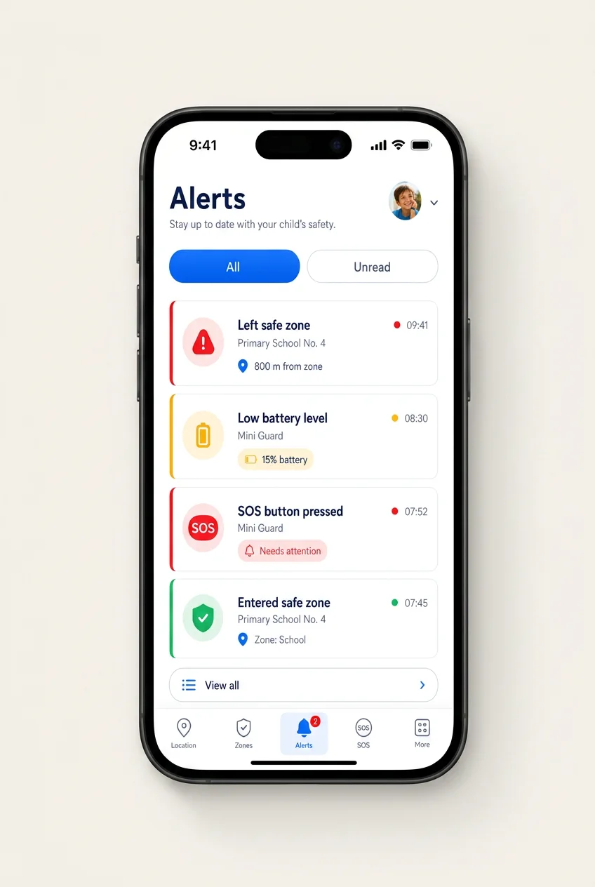 Mini Guard alerts screen highlighting an SOS event from a child