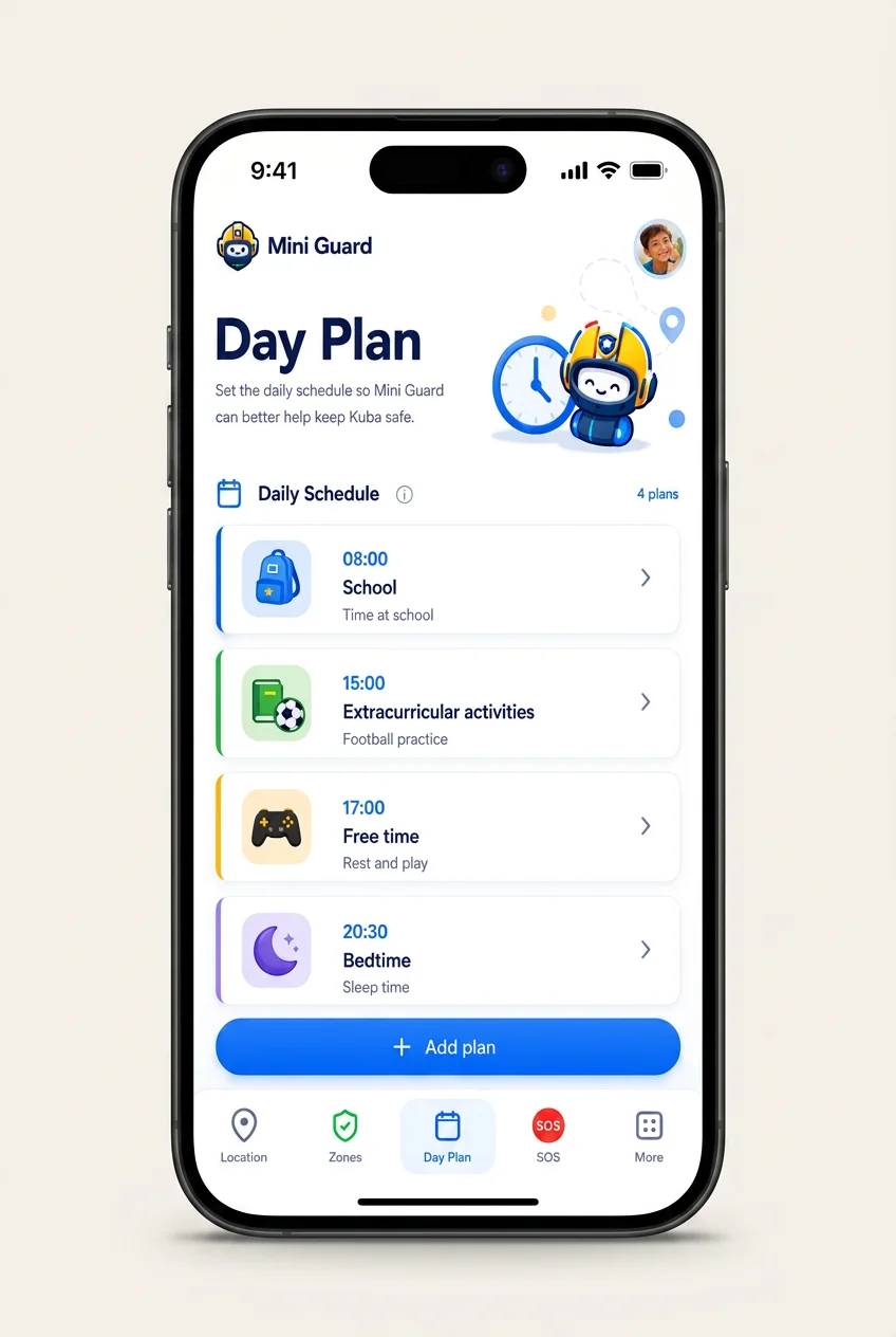 Mini Guard day plan screen with school activities free time and bedtime
