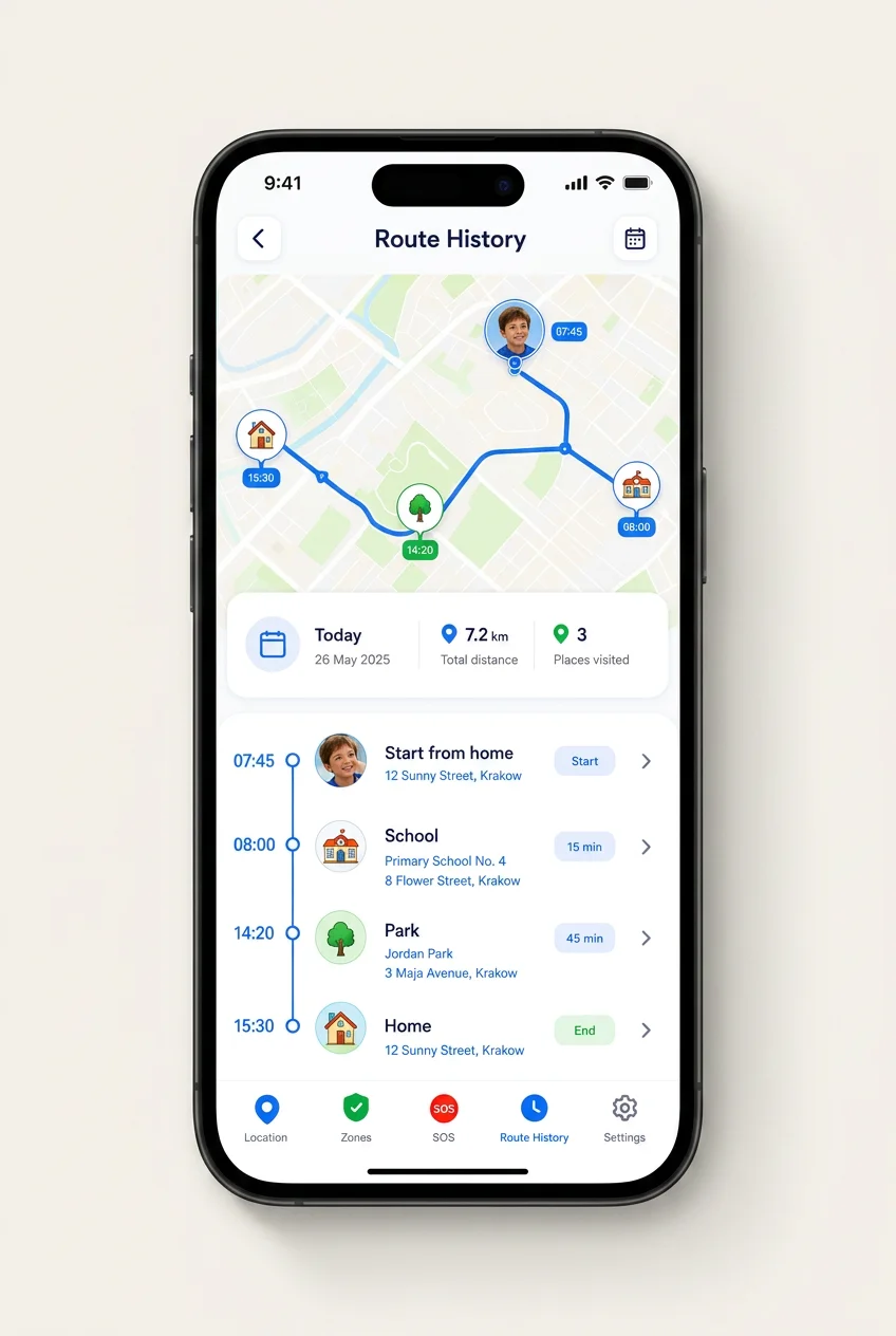 Mini Guard route history screen with daily path and stops
