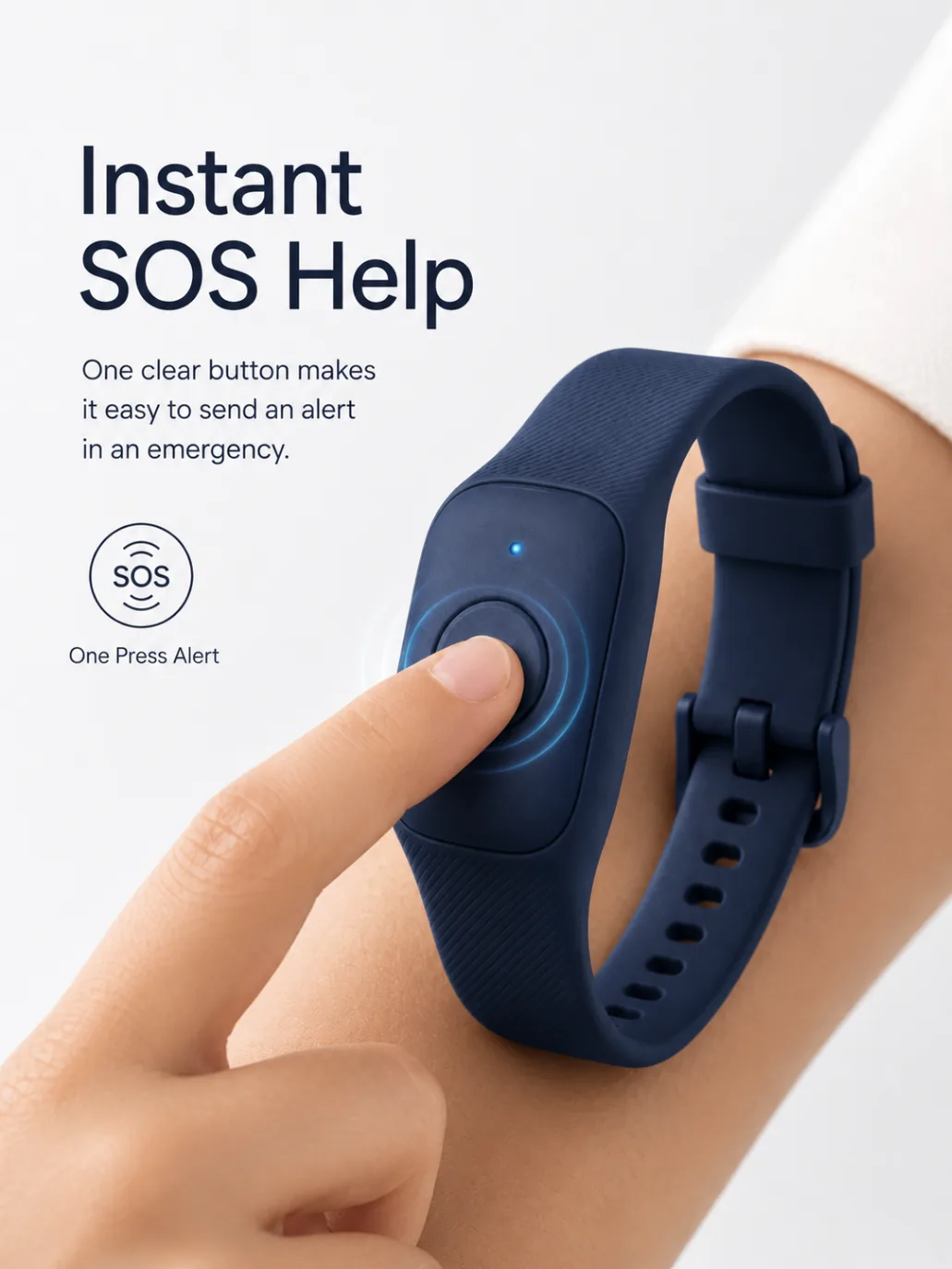 Child's hand calmly pressing the single SOS button on the Mini Guard wristband