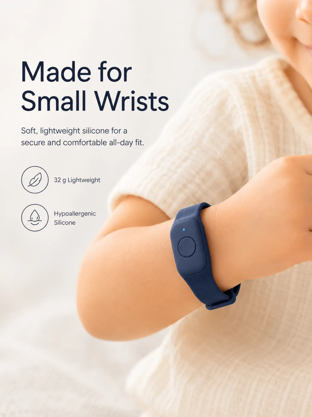 Child wearing the matte navy Mini Guard wristband on a sunny playground