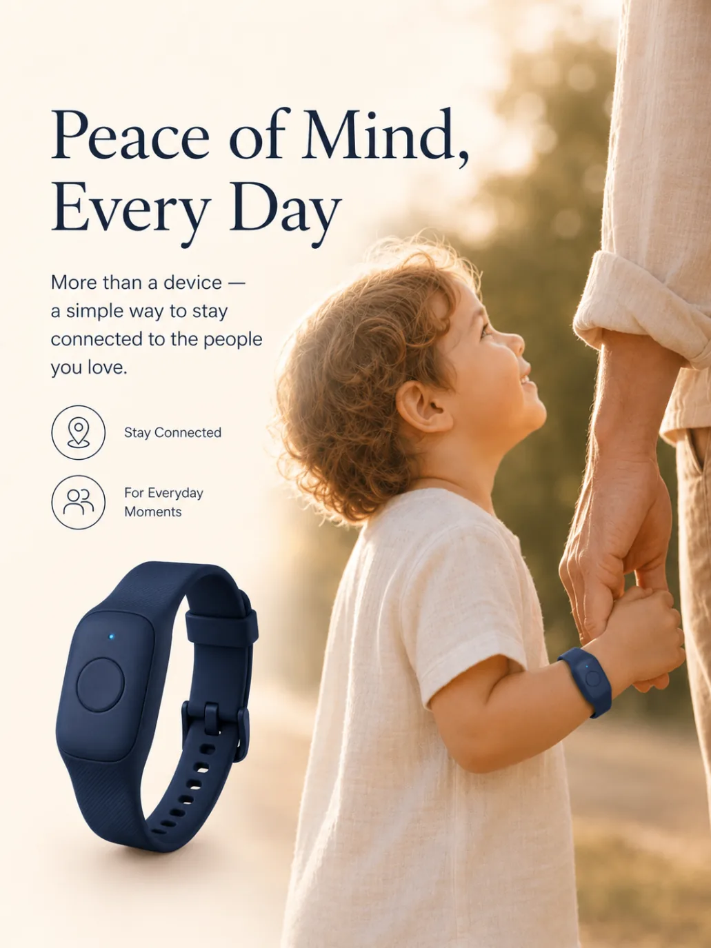 Happy child wearing Mini Guard GPS wristband playing on a sunny Baltic Sea beach