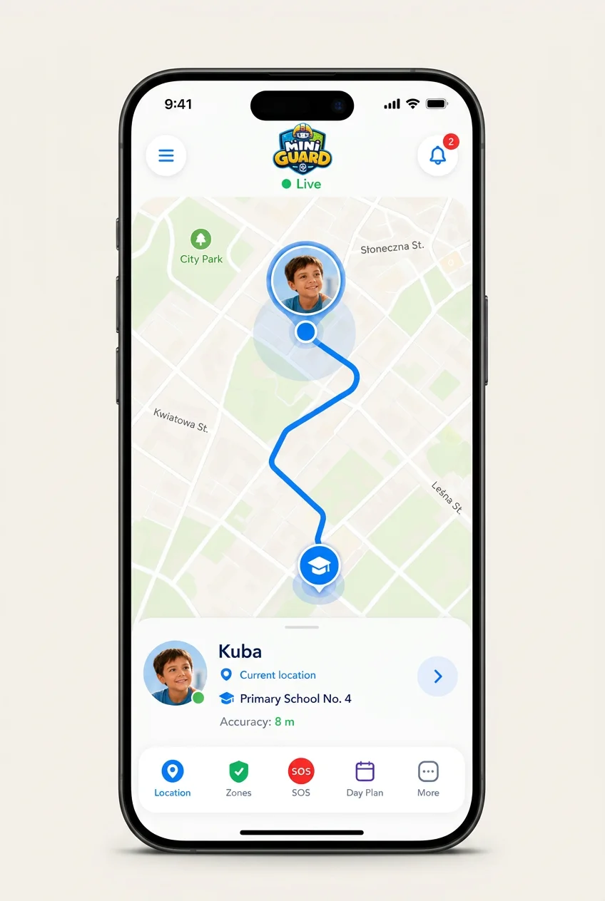 Mini Guard live location screen with route and current child position