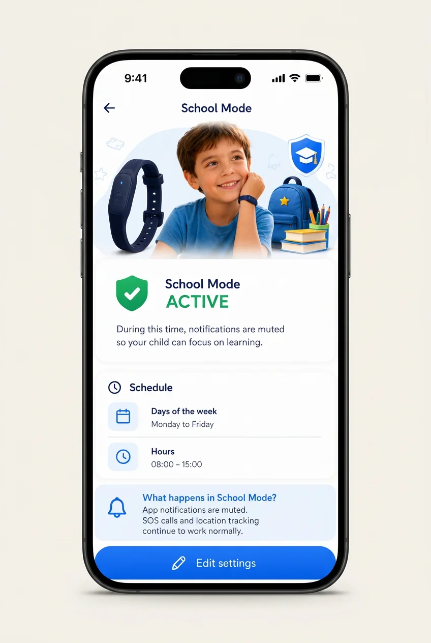 Mini Guard school mode screen with active state and schedule