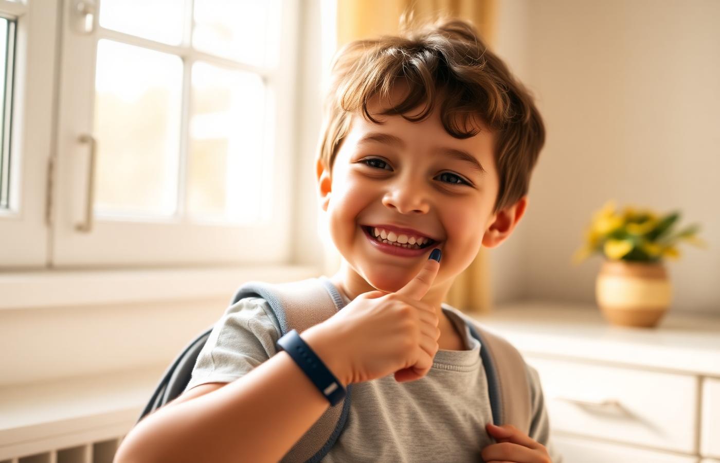 Cheerful child in a bright morning kitchen getting ready for the day
