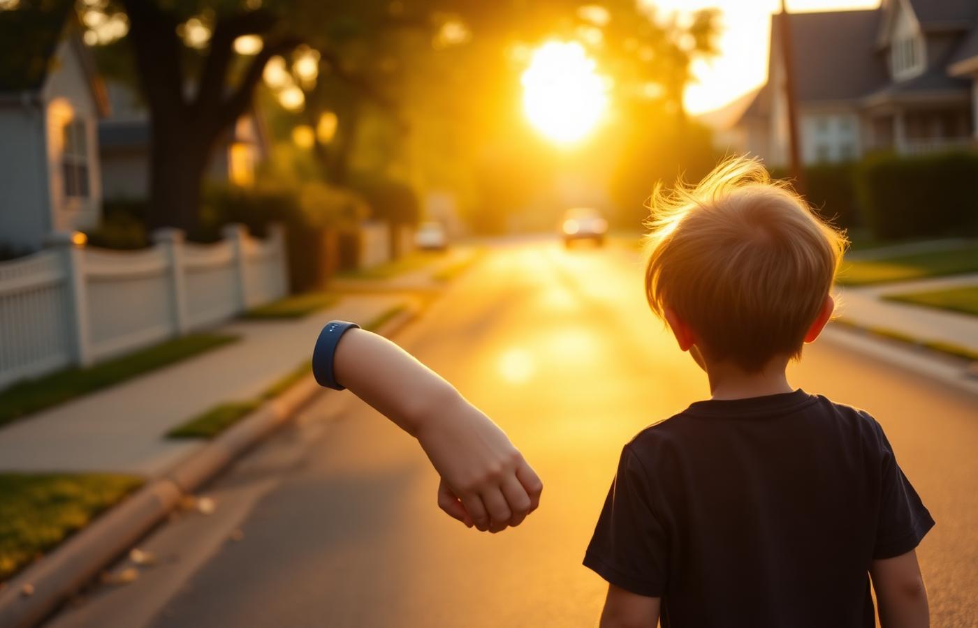 Child walking home along a familiar residential street at golden hour