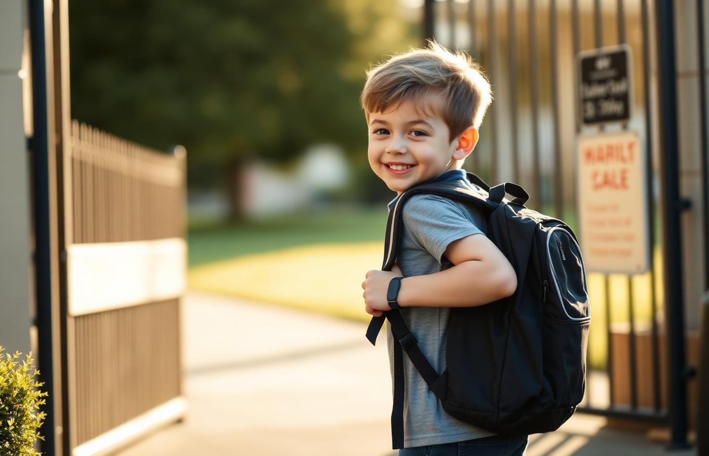 Child arriving at the school gate with a backpack in the morning light