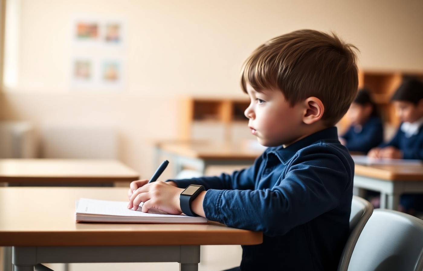 Child focused at a school desk, band on wrist, calm classroom in the background